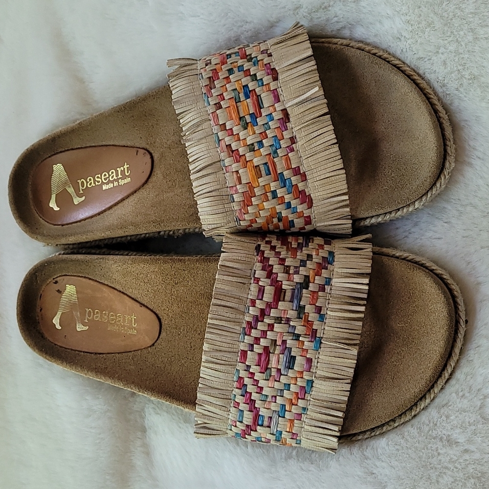 Paseart Tan Bohemian Hippie Colorful Slip On Fringe Slide Cozy Summer Sandals